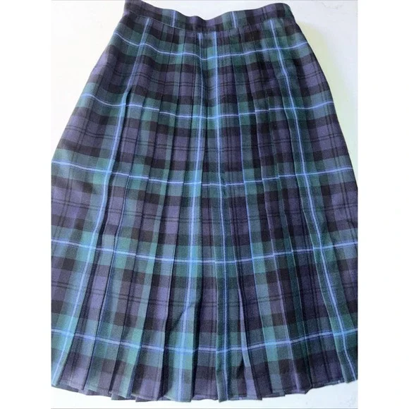 PITLOCHRY Scotland Pure Wool Pleated Tartan Skirt Womens 18 Lined Kilt Green VTG - Picture 1 of 8